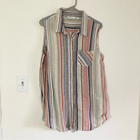 Linen Cotton Striped Tank Blouse Sleeveless Retro - Picture 1 of 5